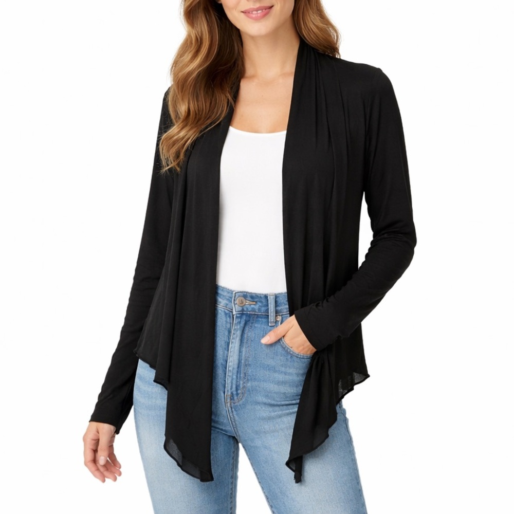 ETHOS Paris Womens XS Black Open Front Cardigan Draped Lightweight NWT